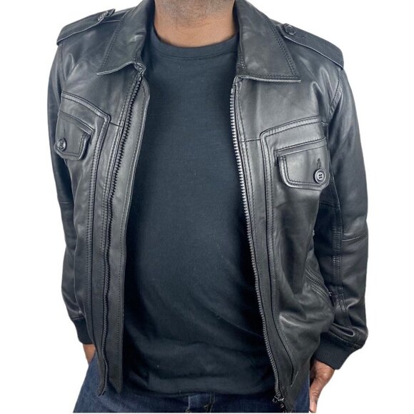 Diesel Men's Black Lamb Leather Full Zip Bomber Jacket Epaulettes US S - Picture 2 of 16